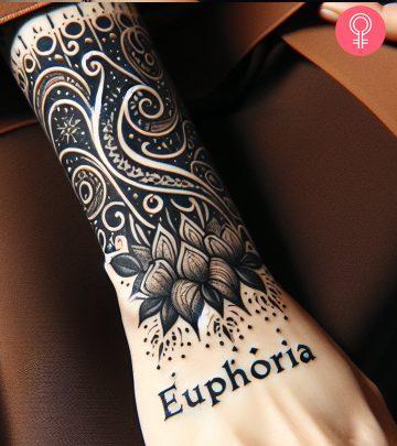Woman with an euphoria tattoo on the forearm Woman with an euphoria tattoo on the forearm