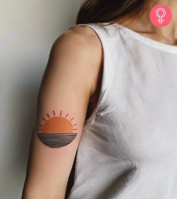 woman with half sun tattoo on upper arm woman with half sun tattoo on upper arm