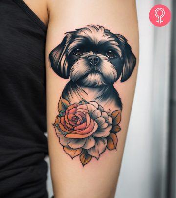 A woman with a colored Shih Tzu tattoo on her upper arm A woman with a colored Shih Tzu tattoo on her upper arm