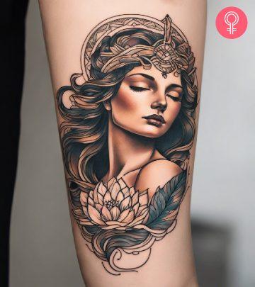A Venus tattoo on a woman’s upper arm A Venus tattoo on a woman’s upper arm