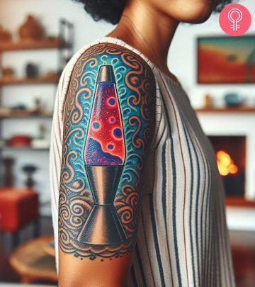 A woman with a colorful lava lamp tattoo on her upper arm A woman with a colorful lava lamp tattoo on her upper arm