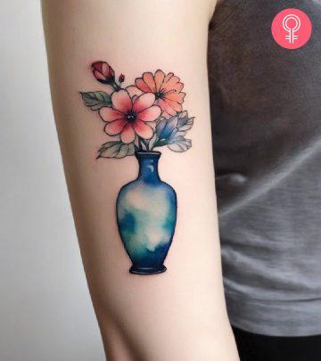 A woman with a minimalist vase tattoo on her upper arm A woman with a minimalist vase tattoo on her upper arm