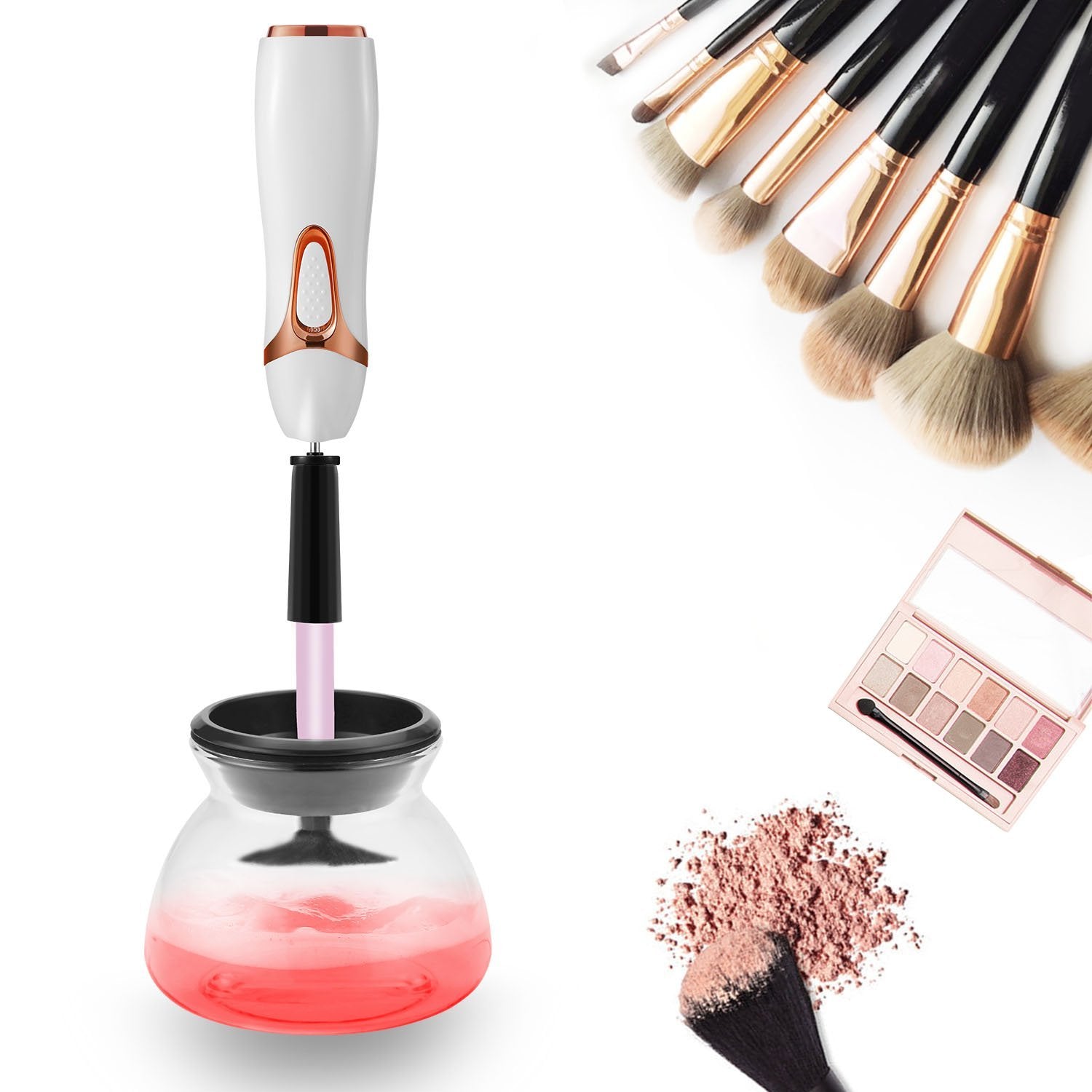 Plutput Makeup Brush Cleaner Machine Electric Makeup Brush Wash Machine for All Size Brushes Automatic Cosmetic Brush Clean Tool White Pink