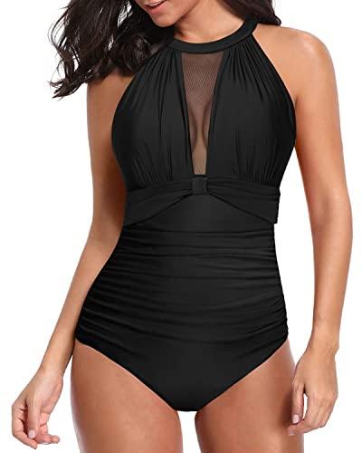 Blooming Jelly Women's Tummy Control Swimsuit One Piece Full Coverage  Bathing Suit Modest Retro Ruched V Neck 2024 Swim Suits (Black,Medium) at   Women's Clothing store